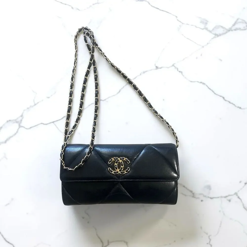Chanel 19 Flap Wallet with Chain Quilted Lambskin Leather Gold Hardware - Picture 1 of 14